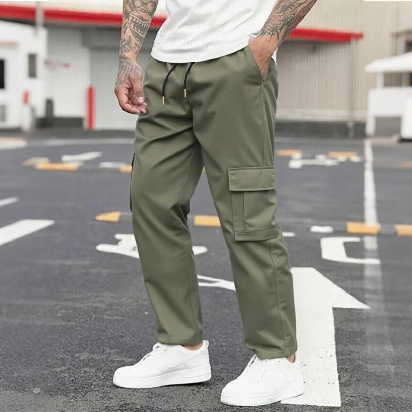 

Men s Loose Casual Multi-pocket Work Pants, Youth Stretch Waist Drawstring Pants XXXL армія зелений колір