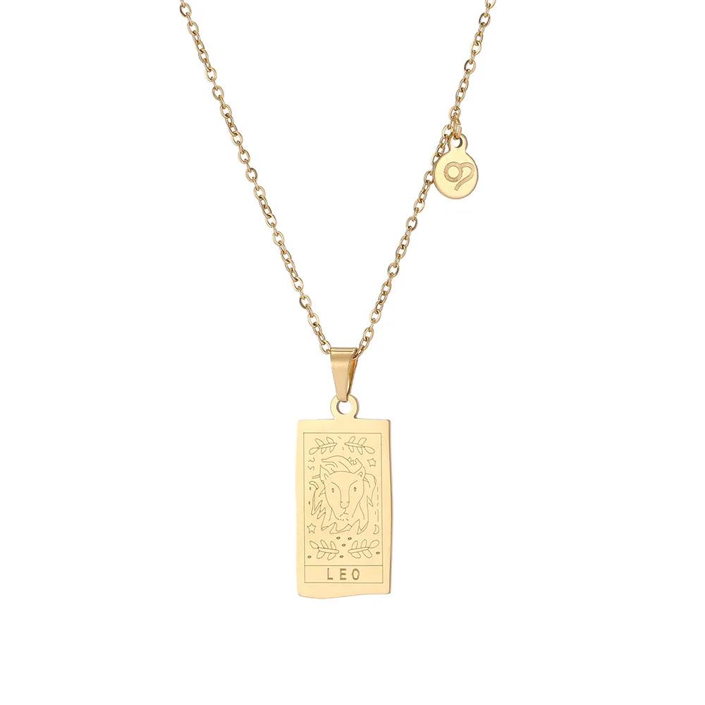 Vintage Geometric 12 Constellations Square Pendant Necklace Fashion Gold Color Metal Collar Charm Necklace Jewelry 2024 New