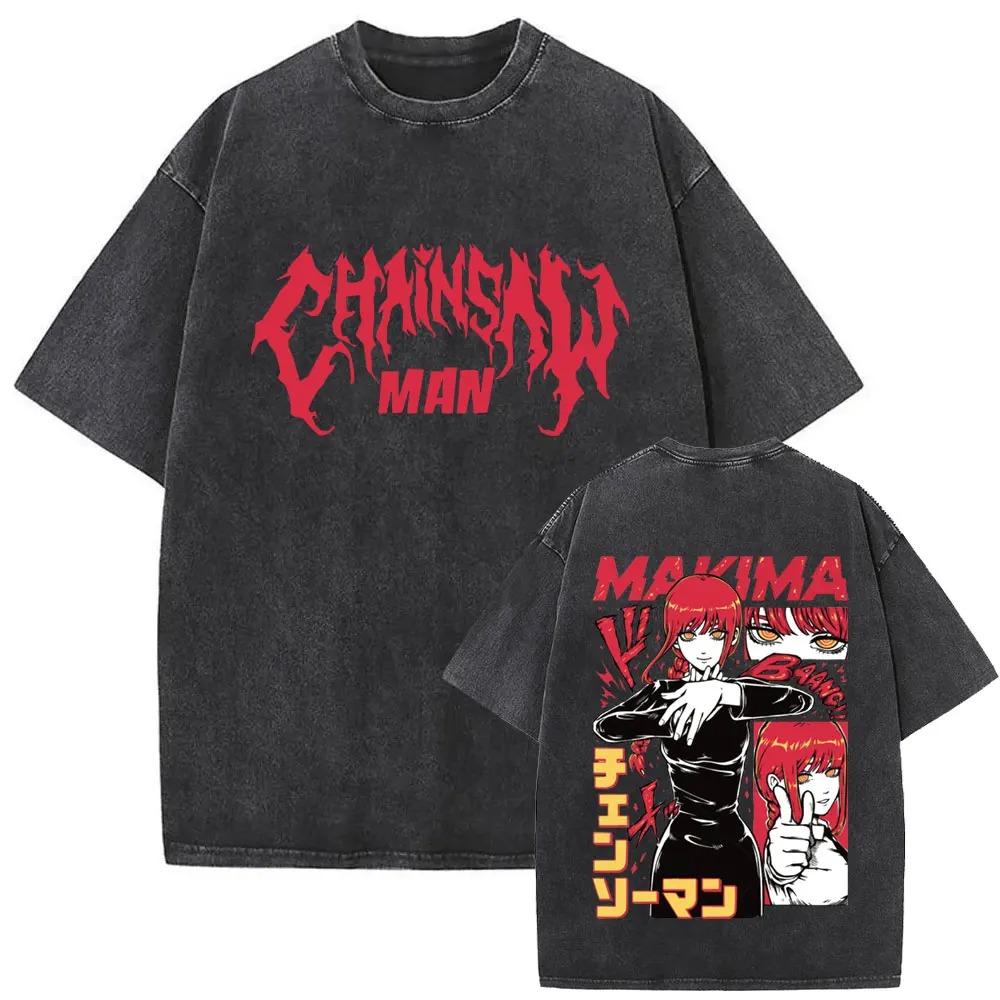 2026 Washed Vintage Anime Chainsaw Man Himeno Graphic T-shirt Men Women Casual Cotton Retro T Shirts Men's Cartoon Oversized T-shirts