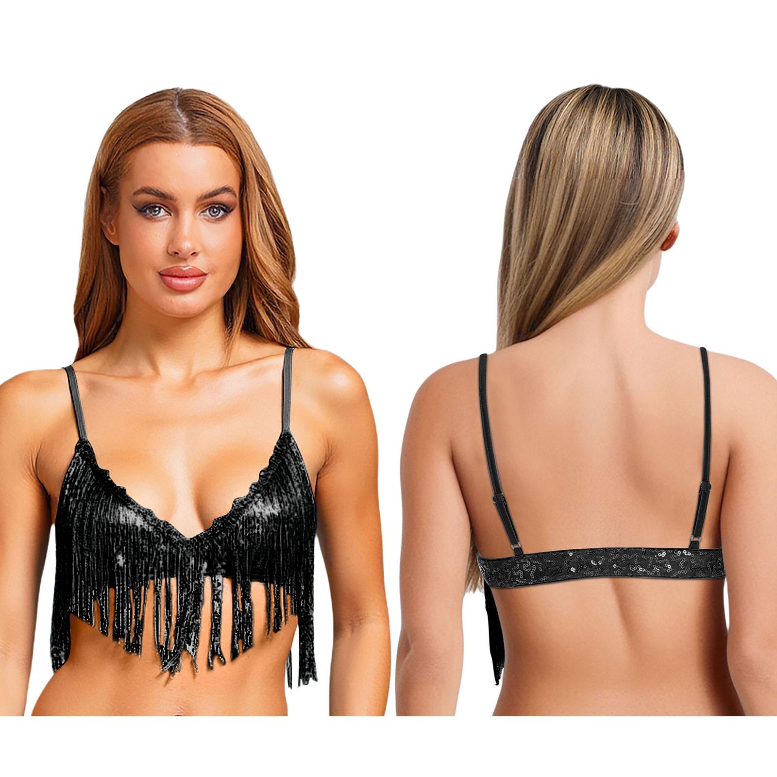 

Womens Shiny Sequin Tassel Bra Tops Swing Sequin Fringe No-pad Wireless Bralette Bra Clubwear Dancewear for Belly Dance Disco S