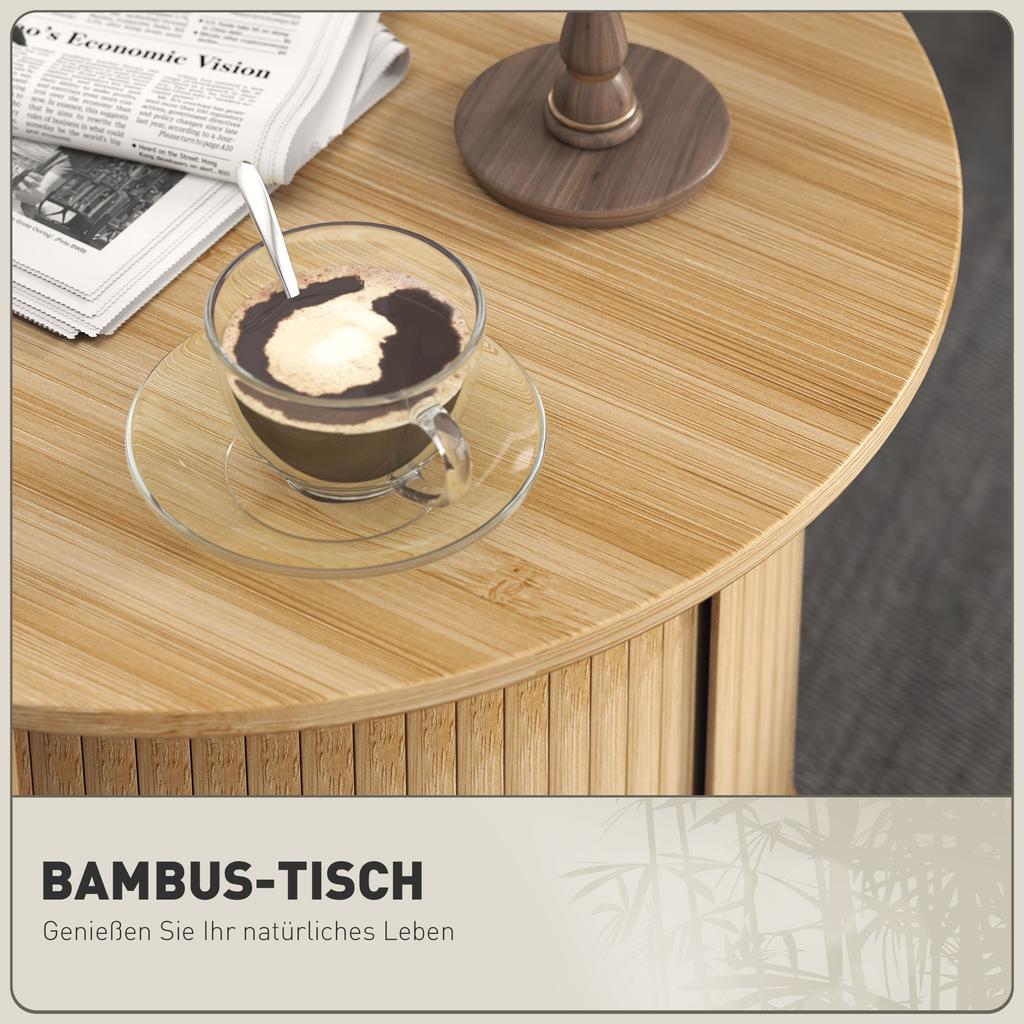 Side Table, Round, with Storage, Sliding Door, Bamboo, Ø60 x 45 cm, Load Capacity up to 20 kg