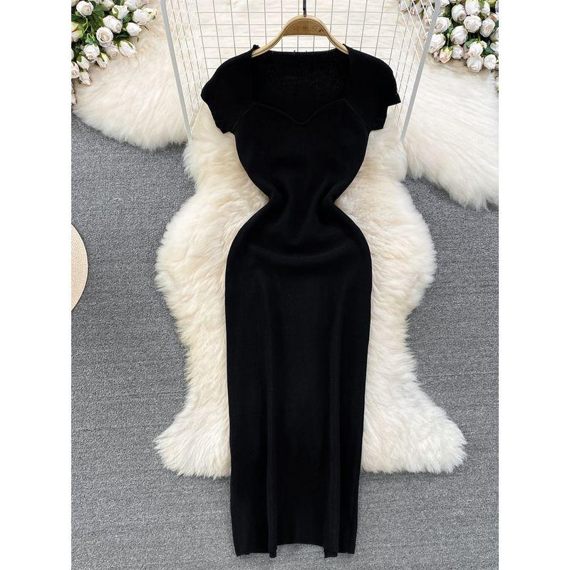 Summer K-style Square Collar off-Shoulder Knitting Dress