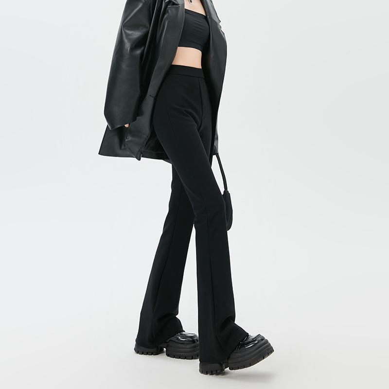Black Suit Flared Pants Women's Spring Autumn High Waist Slit Trousers Elastic Slimming Trousers Korean Fashion