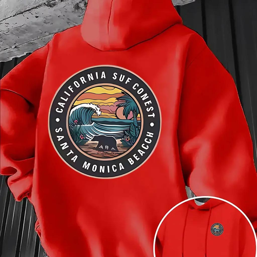 Men Oversized Casual Hoodie Santa Monica Beach California Surf Circle Badge Print Pullover Korean Vacation Sweatshirt