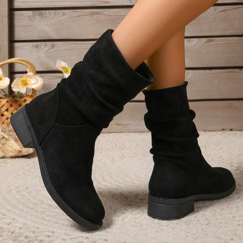 2024 Fashionable and Comfortable Women's Boots Autumn Round Toe New Solid Color Short Tube Thick Heel Sleeve Suede Fashion Boots