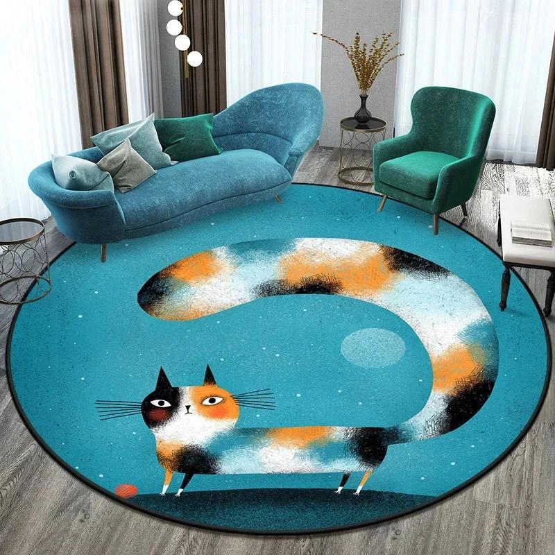 Cute Cat Round Carpet Cartoon Animal Cats Area Rug for Office Living Room Bedroom Decoration Non-slip Children's Crawl Floor Mat