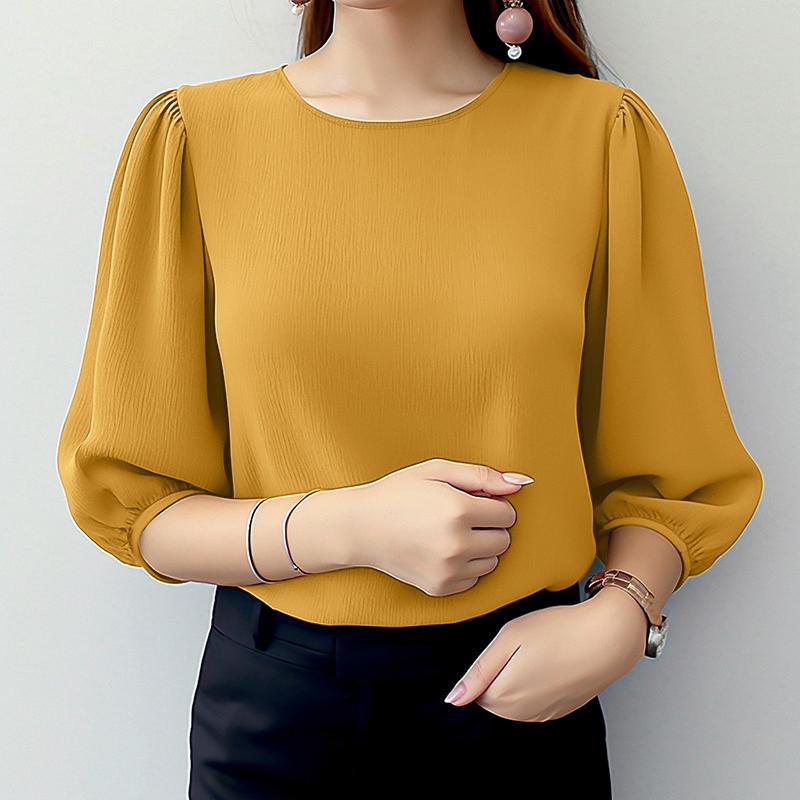 ZANZEA Womens Casual Round Neck Solid Color 3/4 Sleeve Blouse