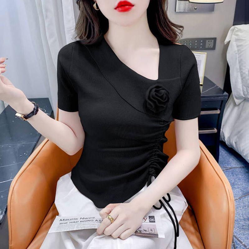 T-shirt da donna a maniche corte Moda estiva Slim Fit Copri pancia Top casual ampio
