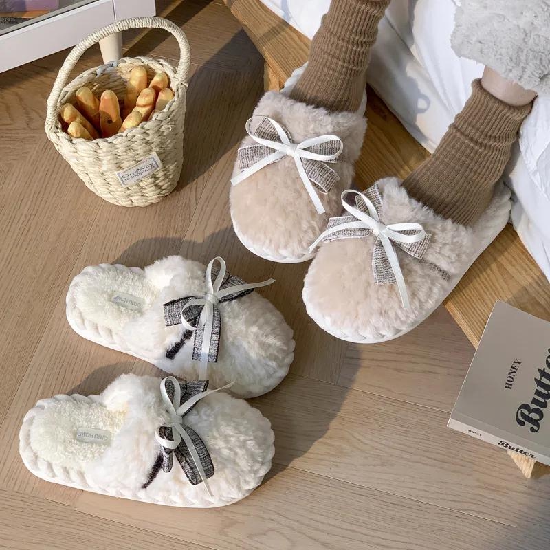 Fashion Casual Fluffy Slippers Women House Fashion Bowknot Designer Shoes Girls Home Popular Winter Warm Elegant Footwear Indoor Flats