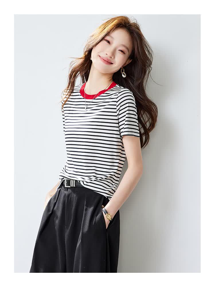 Srcr Women's Striped Mulberry Silk Short Sleeve T-Shirt