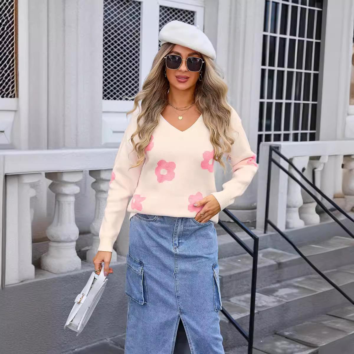 

Женский свитер большого размера с V-образным вырезом и длинным рукавом, цветочный трикотаж XL белый