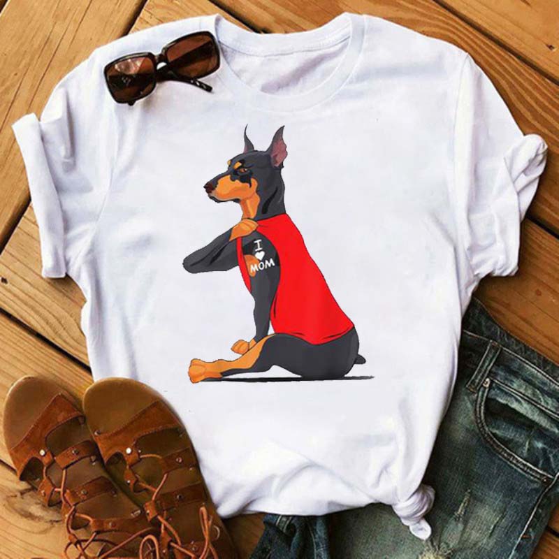 I Love Mom Print Damen T-Shirt Lustige Hundedruck Tops Harajuku Hunde-T-Shirt Sommer Kurzarm Graphic Tee Damen Kleidung