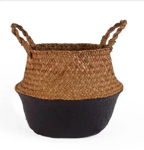 Foldable Rattan Grass Handmade Bamboo Storage Basket Laundry Grass Patchwork Wicker Rattan Seagrass Belly Garden Flower Pot