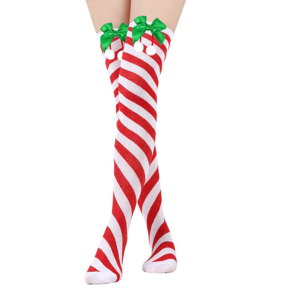 Women's Bowknot Christmas Stockings With Pom-poms Stripes Pattern Knee-high Over-the-knee Socks