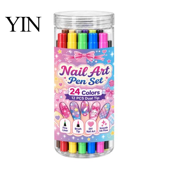 Creative Nail Art Accessories 12Pcs Dual Ended Pens Set, 24 Colors Markers with Double Brush Tips, Acrylic Quick Dry Water-Based Drawing Pen