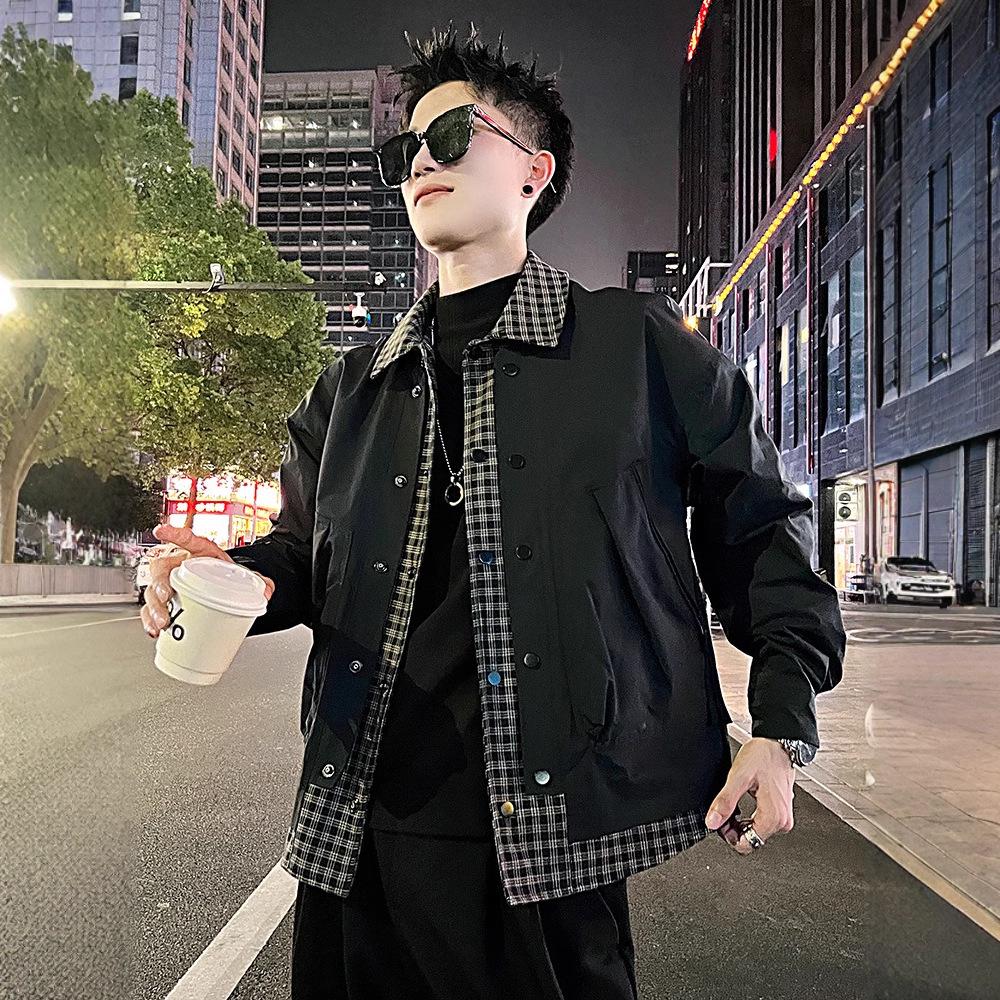 

Мужская модная клетчатая куртка-пэчворк с отложным воротником - Новая коллекция весна/осень 2025. XXXL чёрный