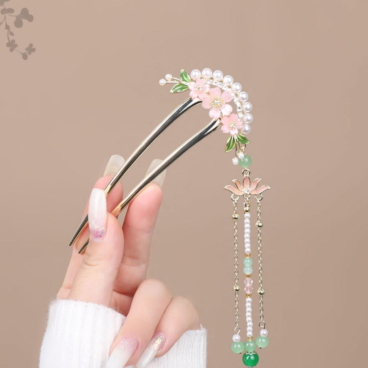 

U Shaped Flower Hairpin Elegant Exquisite Pearl Tassel Hair Stick For Women Light Luxury Handmade Glaze Floral Hair Accessories рожевий
