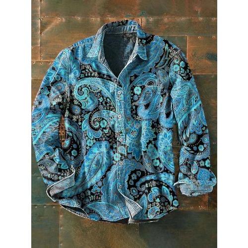 Retro-style Colour-block Print Men’s Long-sleeved Button-down Shirt