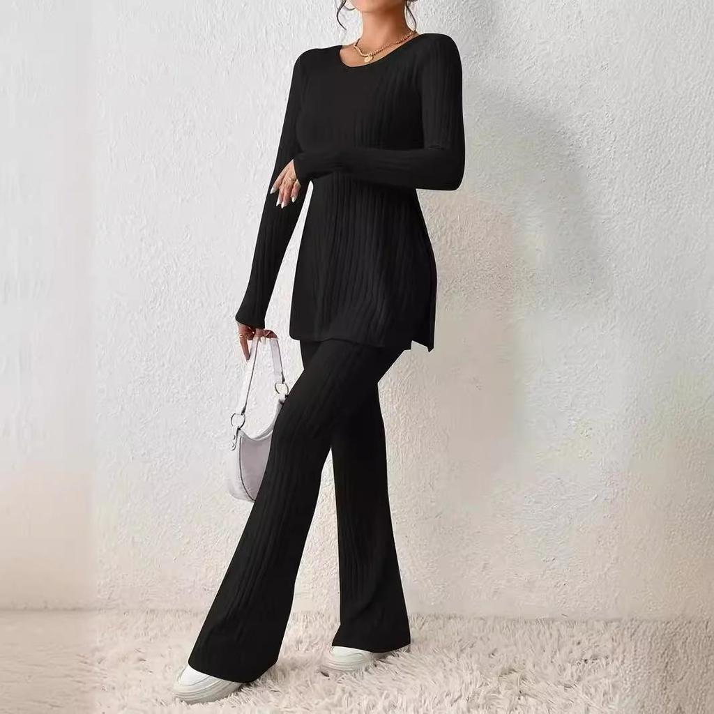 Knit Ribbed Long Sleeve Top and Wide Leg Pants Set