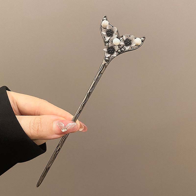 New Chinese Style Butterfly Flower Hair Stick for Women Retro Black Beads Fringe Hair Stick Hanfu Chopstick Hair Jewelry