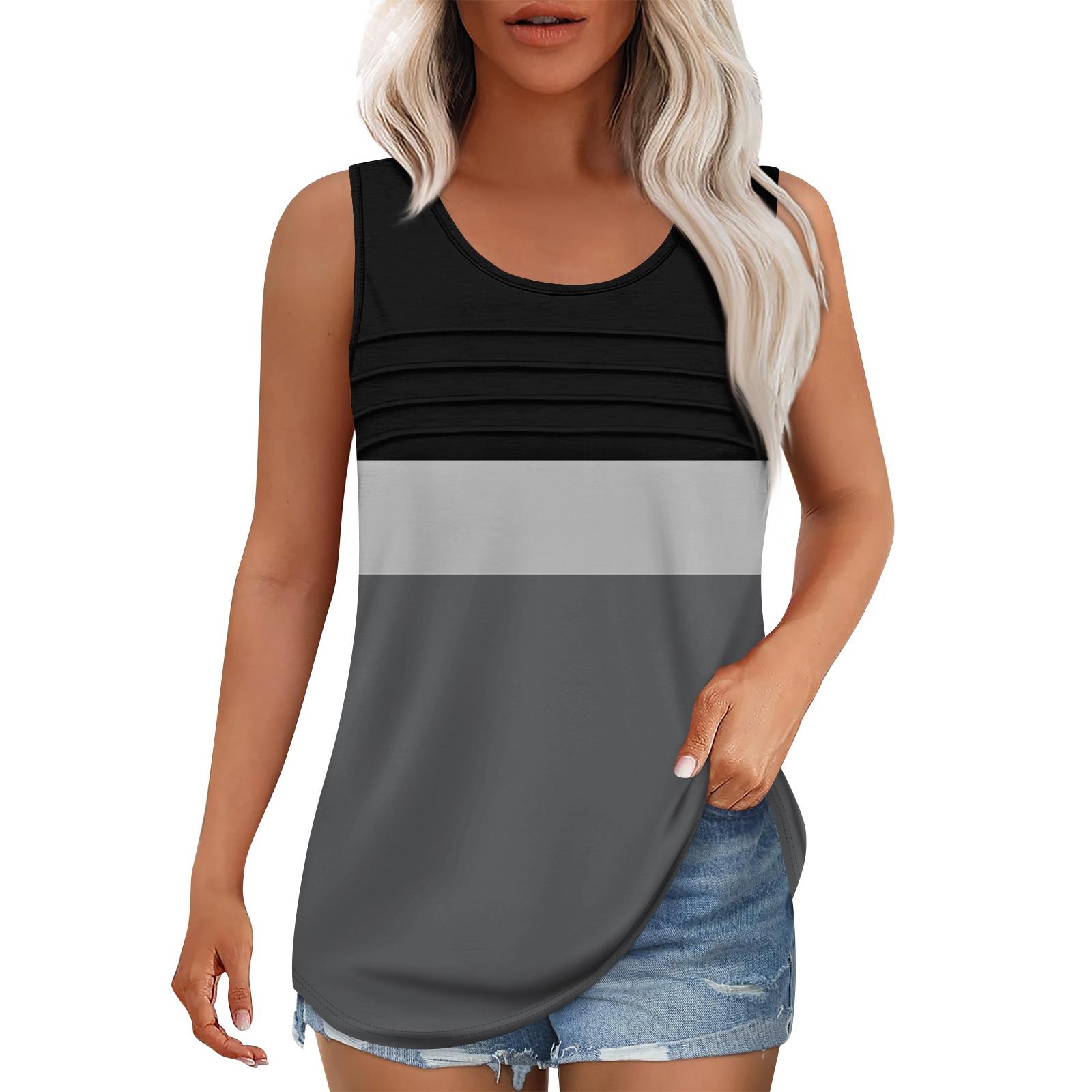 

Майка для женщин Летние наряды Без рукавов Блузки с принтом Повседневные свободные рубашки Округлый вырез Складки спереди XXL