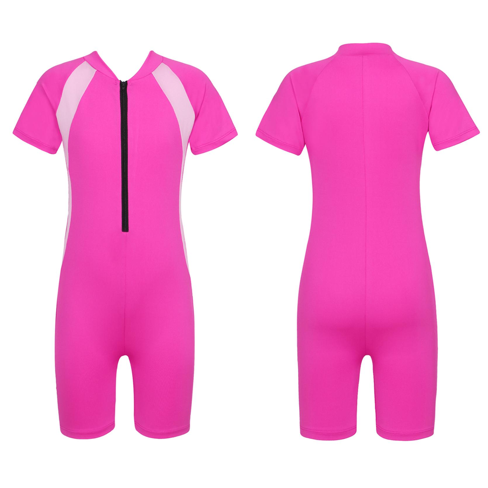 IEFiEL Kinderen Meisjes Shorty Wetsuit Eendelig Rash Guard Zwempak Korte mouw Sunsuit Zwemmen Duiken Zwemkleding 8-10 Years rozerode kleur