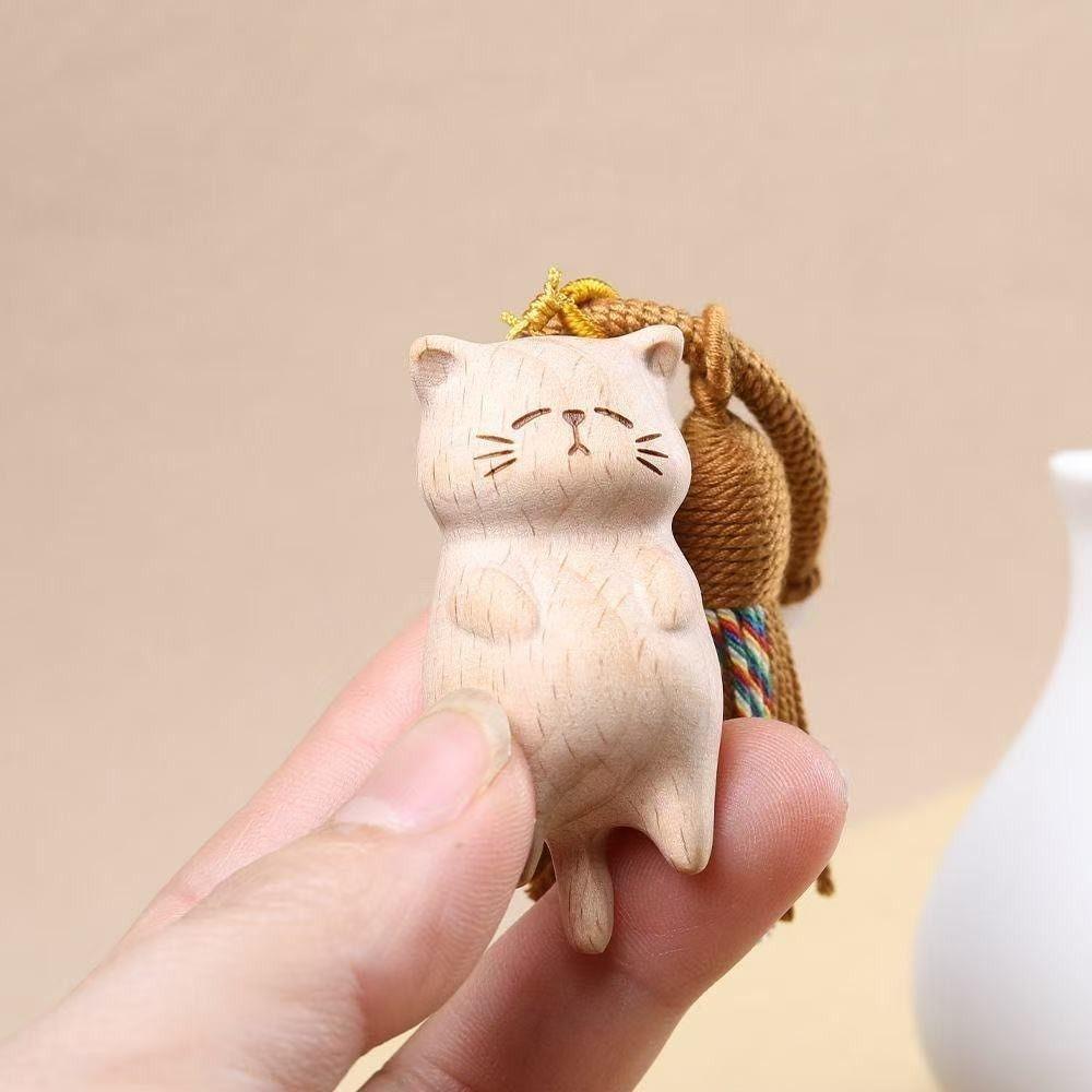 Beads Wood Kitty Dolls Pendant Weave Rope Carved Cat Keyring Wooden Carved Cat Keychain  Students