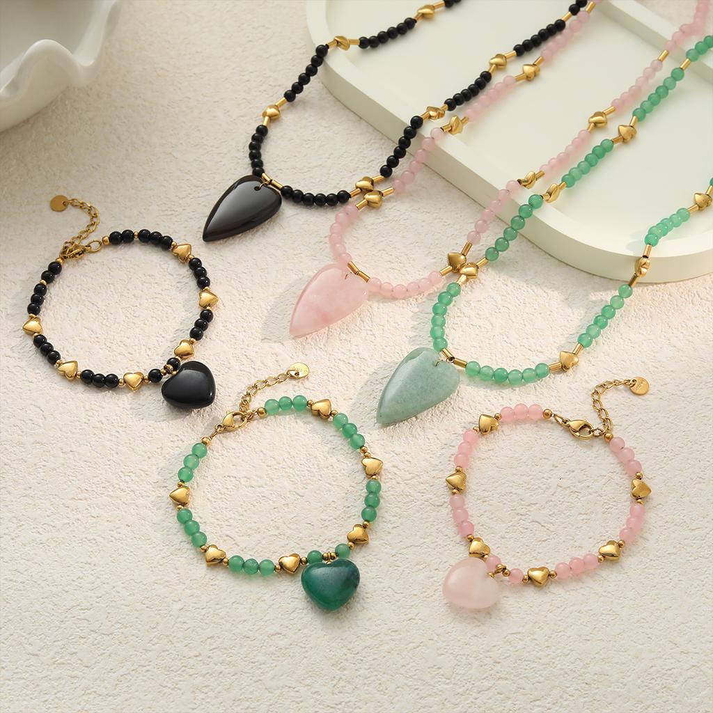 NIMAI 18K PVD Gold Stainless Steel Beaded Jewelry Set Natural Stone Heart Pendant Necklace Bracelet Set Women Factory