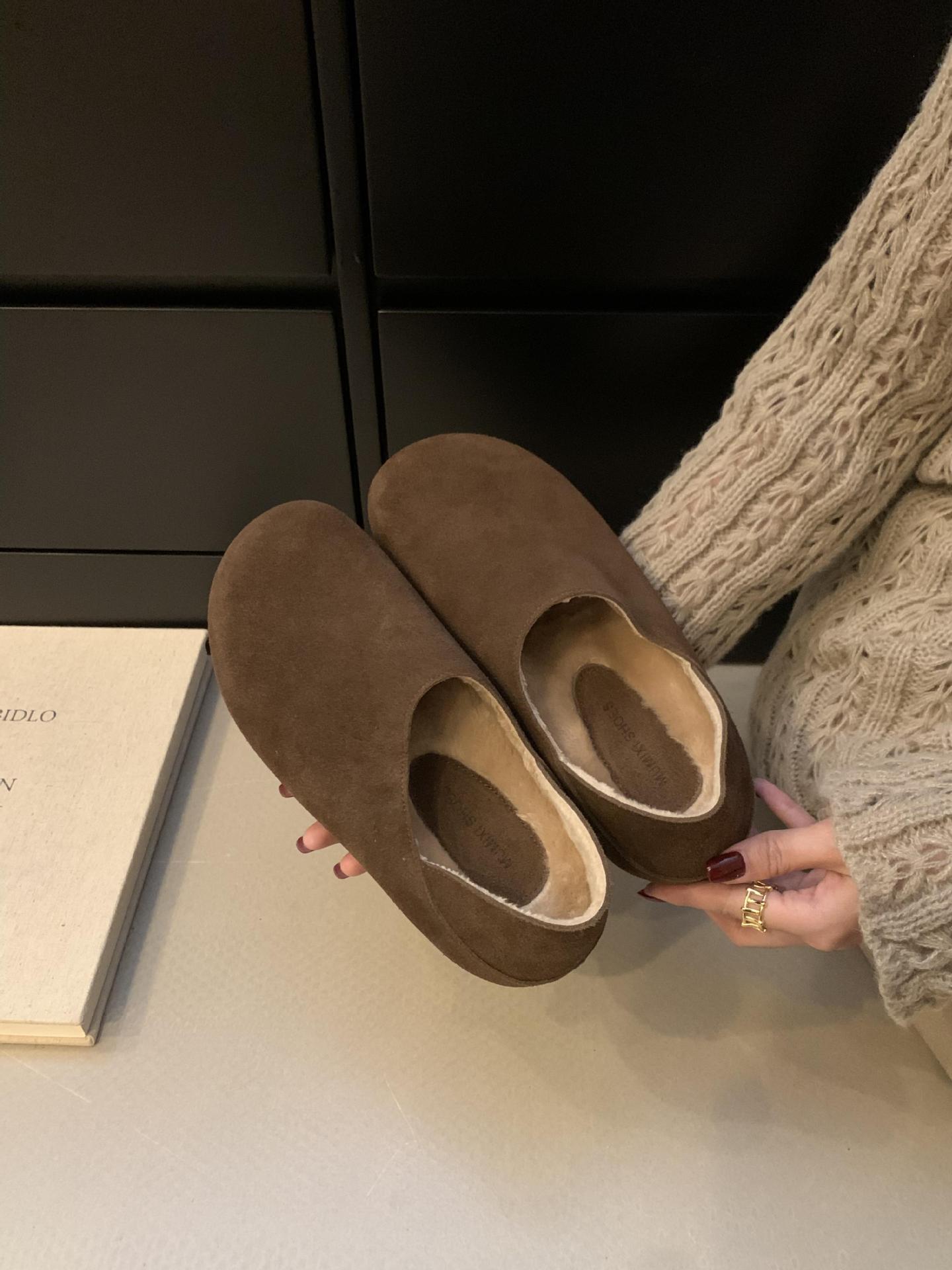 

Soft leather version~ Boken shoes women s velvet Doudou shoes 2025 autumn and winter big head ugly cute shoes retro two wear lazy shoes 35 кофейный