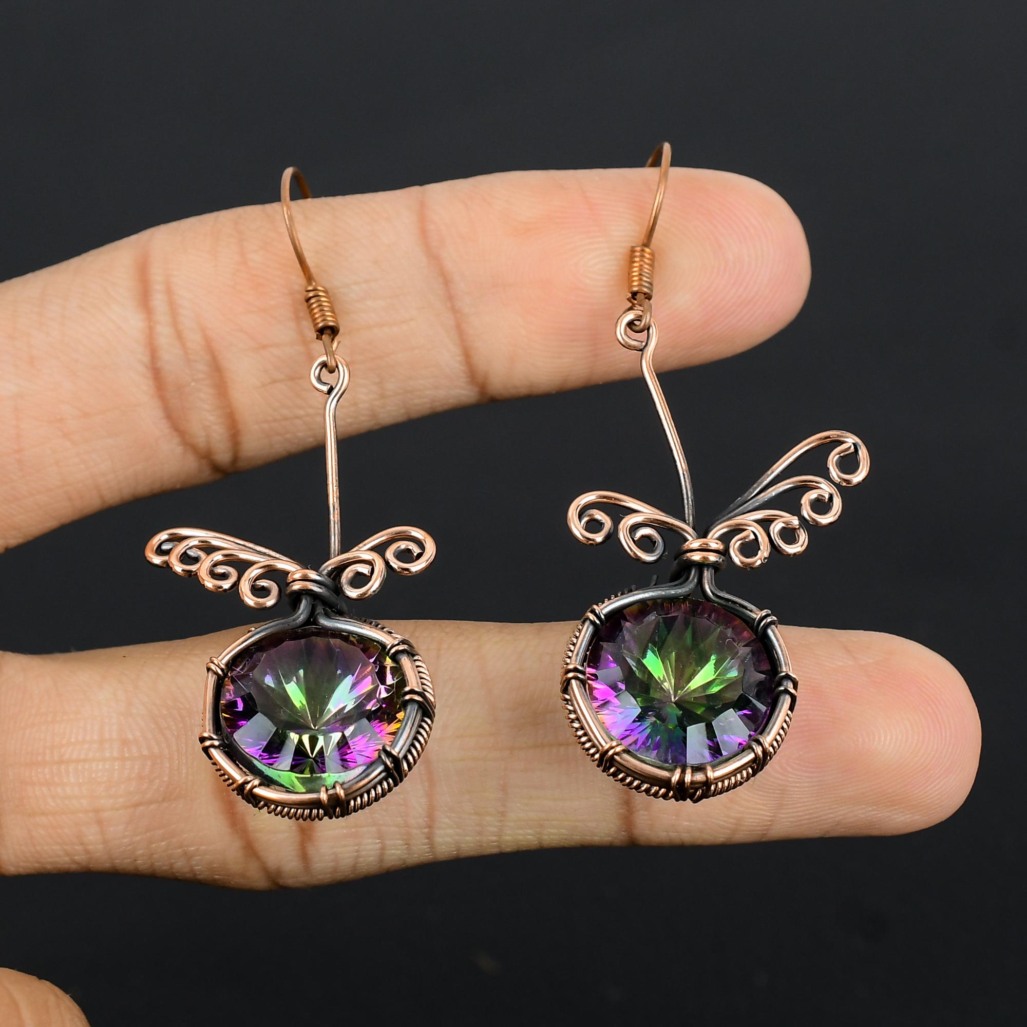

Rainbow Mystic Topaz Earrings, 999 Copper Wire Wrapped Jewelry, Gemstone Earrings, Gift For Her Handmade Dainty Jewelry 2.55 Inches