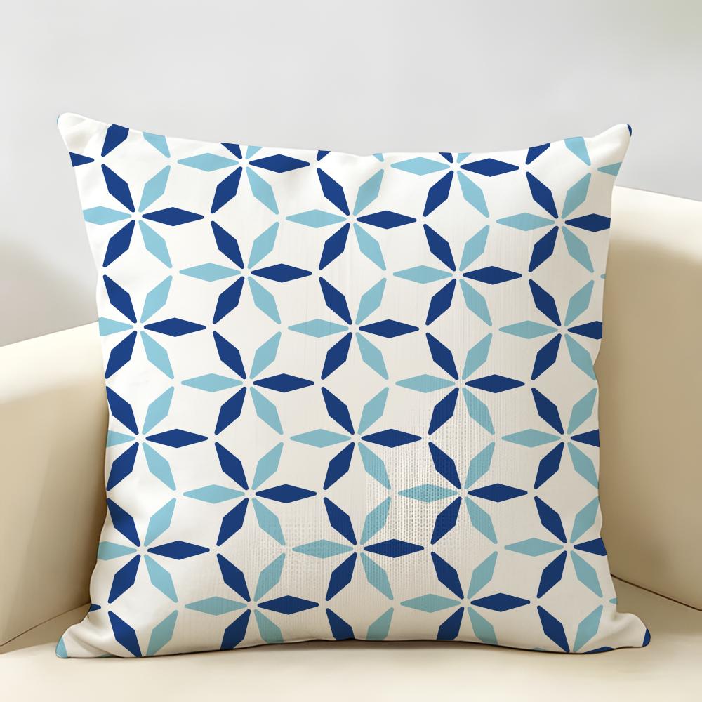 Blue And White Geometric Cushion Cover Durable Hypoallergenic Organic Linen Short Pillow Cover Washable