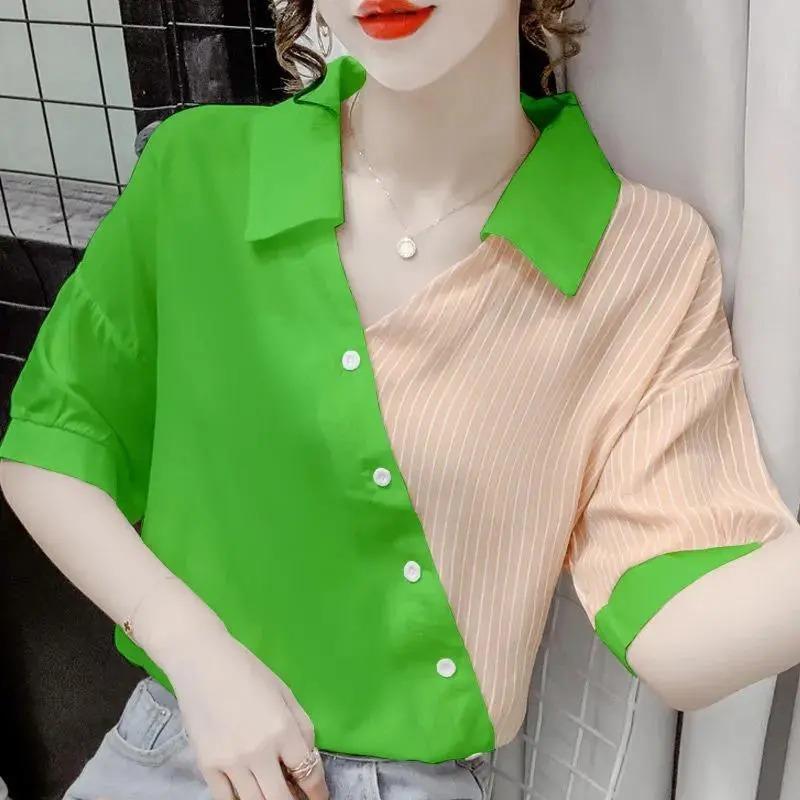 Short-sleeved Chiffon Shirt for Women Patchwork Striped Temperament Shirt Summer New Style Contrasting Color Loose Top Trendy for Women
