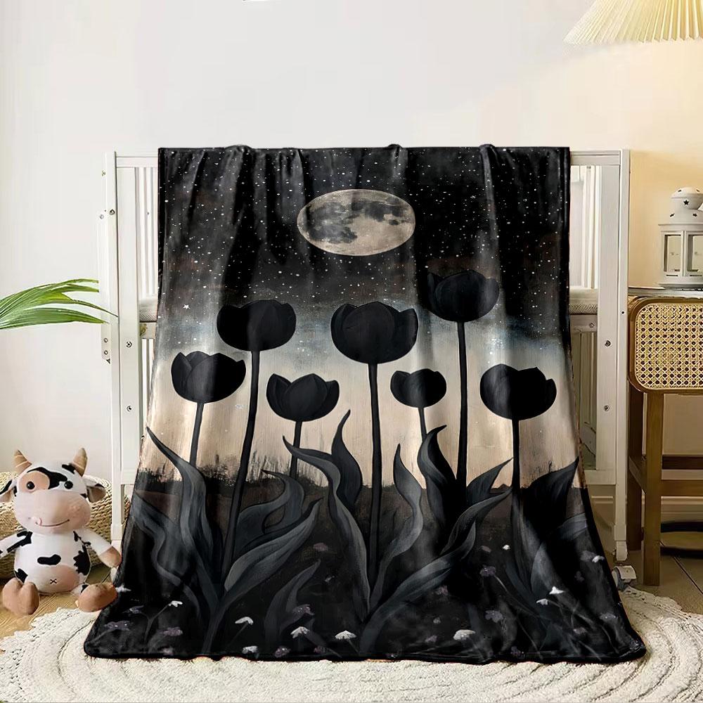 Black tulips silhouetted against a starry sky and a full moon. for all seasons blanket lunch break throw gift 80cm x 120cm