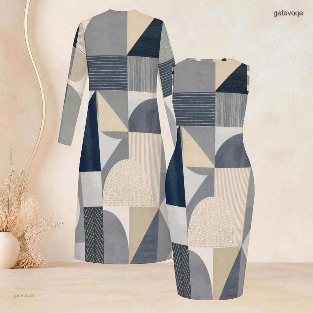 Women Plus Size Geometric Printed Two Piece Set Long Sleeve Open Front Cardigan Sleeveless Bodycon Dress