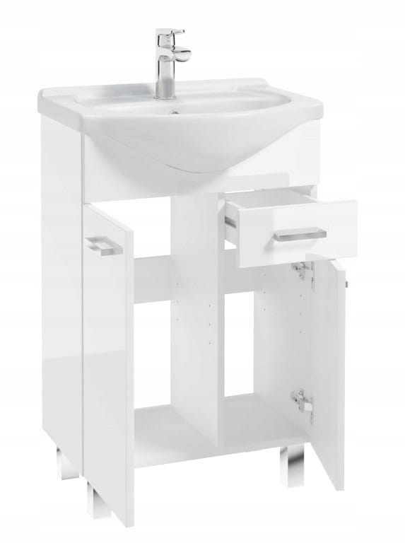 Bathroom cabinet with a washbasin on legs 85x55, standing white Mea with an elongated chrome tap