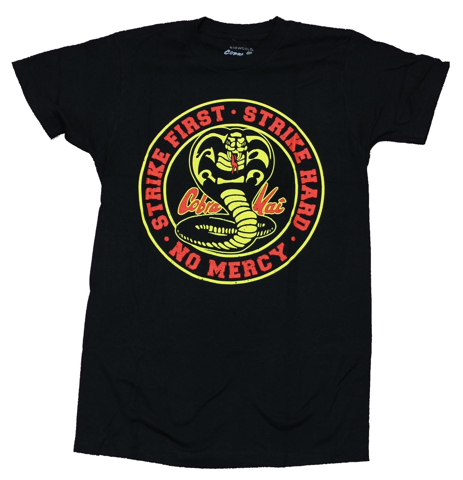 Cobra Kai Mens T-Shirt - Strike Hard Strike Fast No Mercy Cobra Circle Crisp XXL