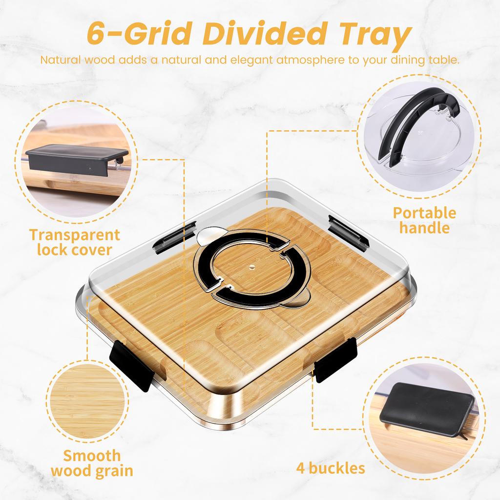 Bamboo Cheese Platter with Transparent Lid Biscuit Snacks Fruit Serving Tray Divided Charcuterie Board for Party Camping Picnic