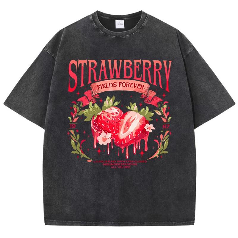Damskie Koszulki Streetwear Spierane Koszulki z Nadrukiem Strawberry Fields Forever Wygodne Bawełniane Koszulki Oversize Letnie Damskie Ubrania