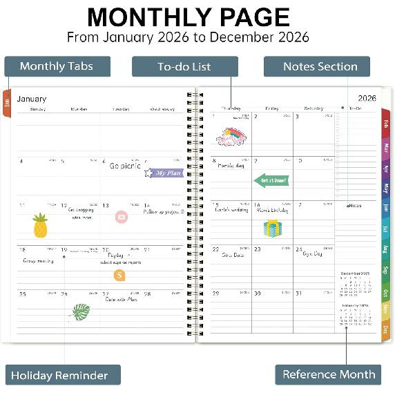 2026 Planner - 2026 Calendar Planner, Jan. 2026 - Dec. 2026, 2026 Planner Weekly and Monthly with 12 Colorful Monthly Tabs, 8.5" x 11" Inner Pocket,