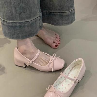 Butterfly-knot Women Mary Jane Shoes for Women Fashion Square Toe Patent Leather Pumps Shoes Spring Autumn