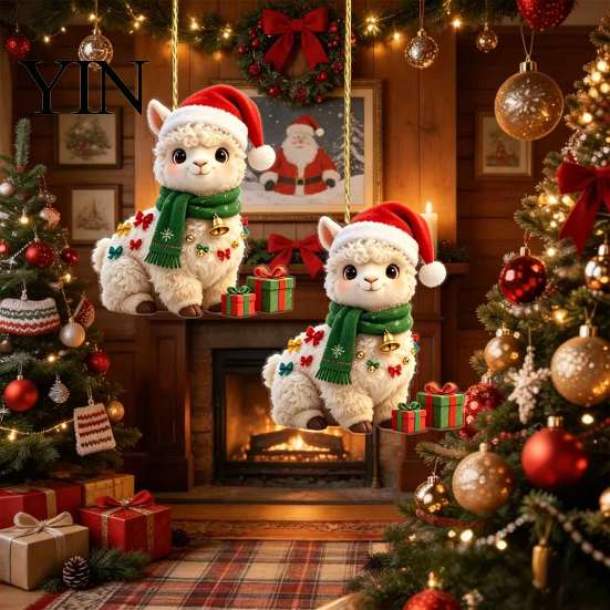 Winter Holiday Party Supplies 2Pcs Christmas Alpaca Hanging Ornaments, 2D Flat Acrylic Decoration, Indoor Decorations Cute Llama Pendants for