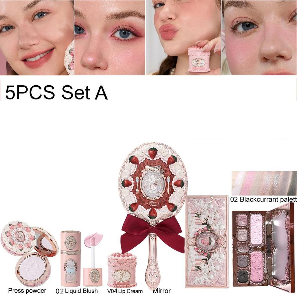 Flower Knows Erdbeer-Cupid Samtige Matte Lippencreme Gepresstes Puder Flüssiges Rouge Set Langanhaltendes Leichtes Make-up