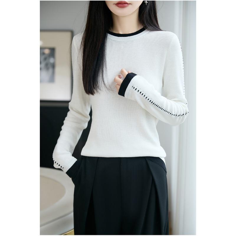 Autumn and winter worsted wool sweater crew neck knitted sweater long sleeve women's color matching loose pullover bottoming shirt top
