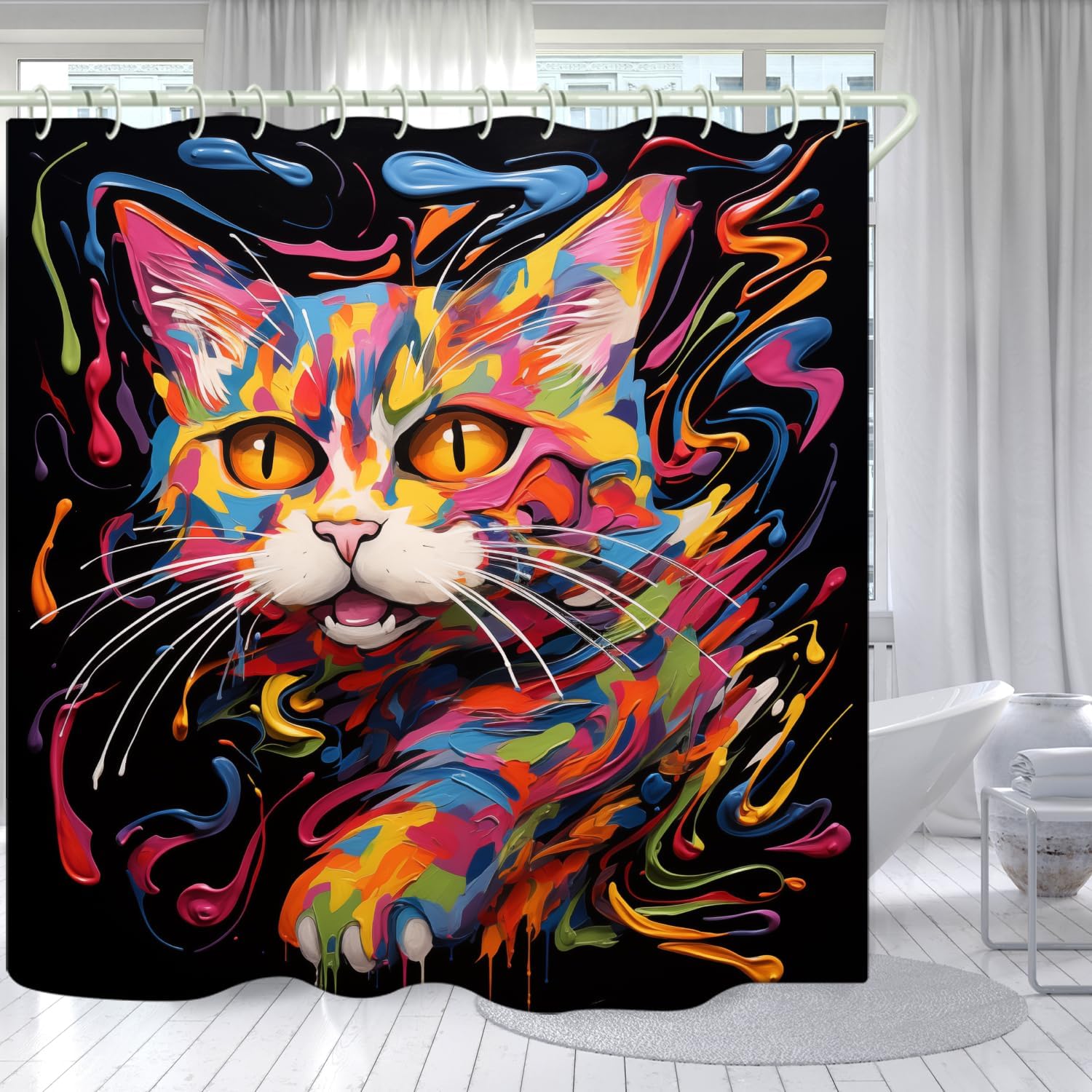 Bathroom Using Colorful Oil Painting Cat 3D Shower Curtain, Luxury Bathtub Standard Shower Curtain, Waterproof and Bright Fabric 90x180cm