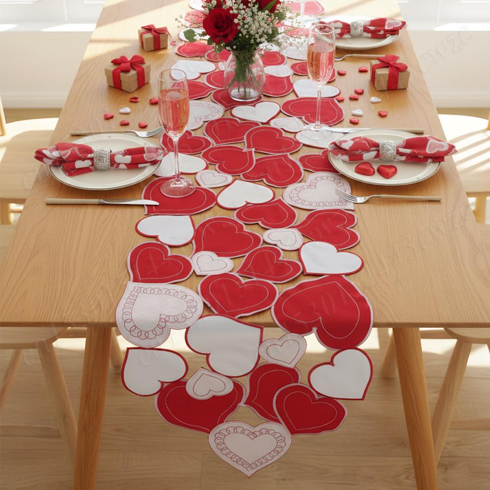 38x176cm Embroidered Valentines Day Tablecloth Reusable Love Heart Pattern Table Runners For Wedding Anniversary Romantic Events