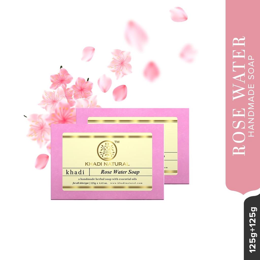 Khadi Natural Herbal Rosewater Handmade Soap 125g x Pack of 2 | Nourishing, Hydrating & Refreshing Skin Cleanser
