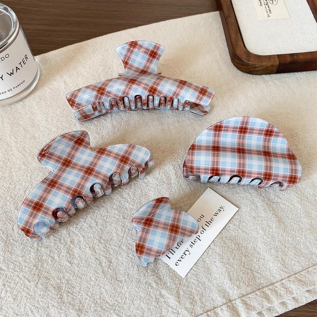 Korean Blue & Coffee Plaid Hair Claw: Versatile Shark Clip for Women