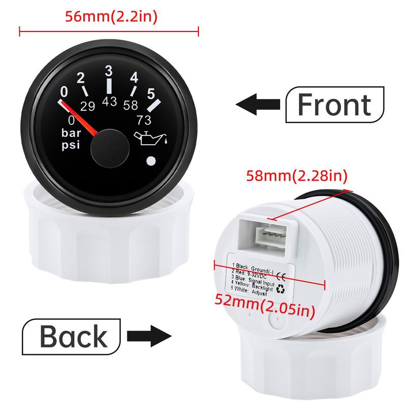 ZMFJH 0-5Bar, 0-73PSI, 0-10Bar,0-145PSI Pointer Oil Pressure Gauge with Alarm 7 Color Backlight 52MM Oil Press Meter Car Boat
