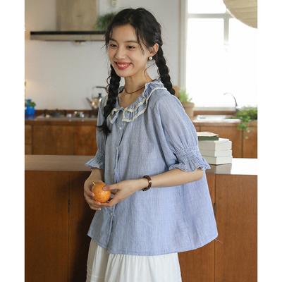 Summer Literary Blue and White Striped Loose Doll Collar Short-sleeved Shirt Top Female Trend