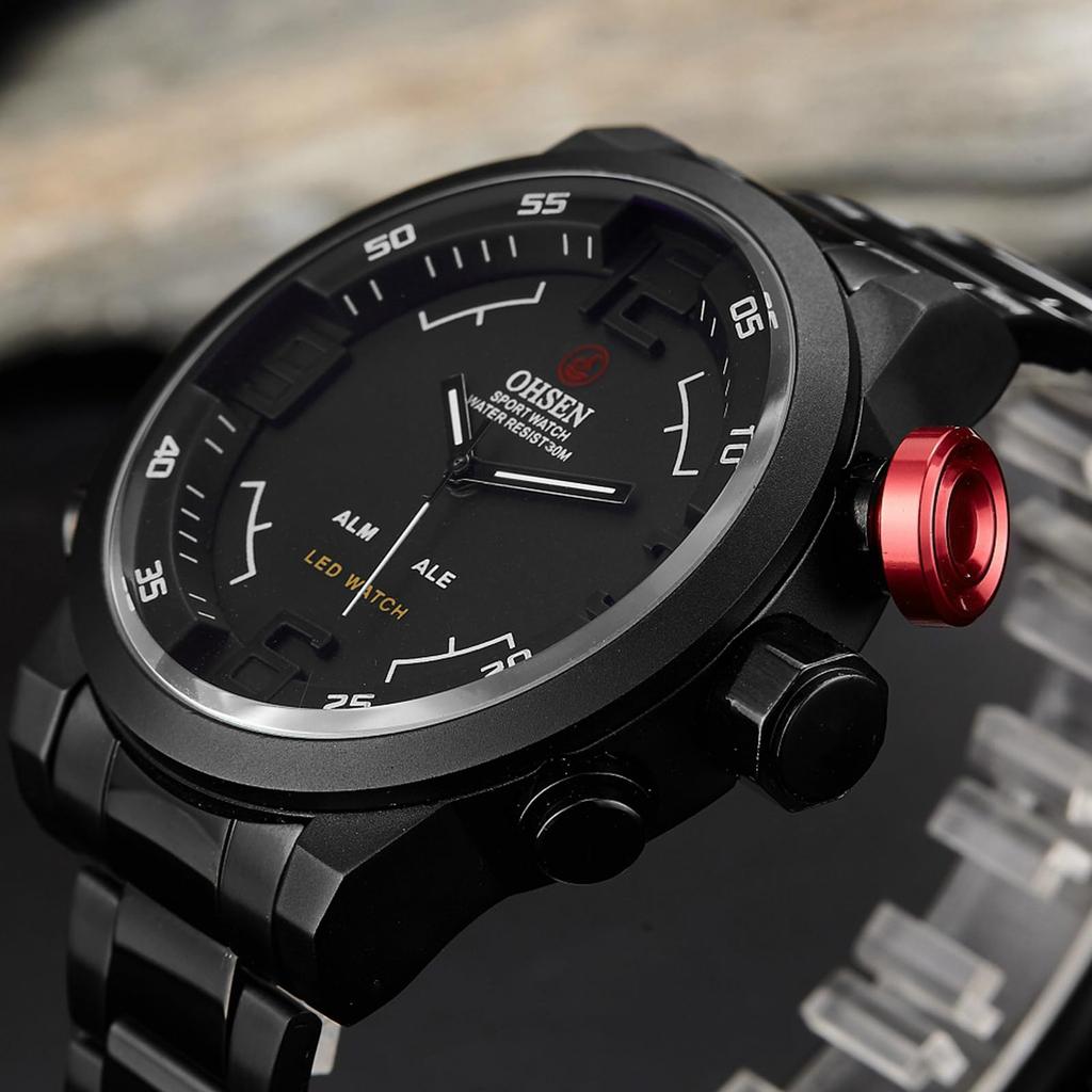 Men's Watch Analog Digital Display 3ATM Waterproof Stainless Steel LED Calendar Quartz Casual Business Fashion Accessory Black